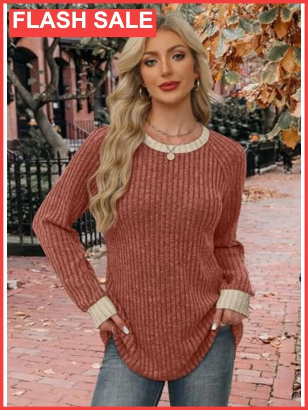 Womens Lightweight Color Block Sweater Long Sleeve Crew Neck Pullover